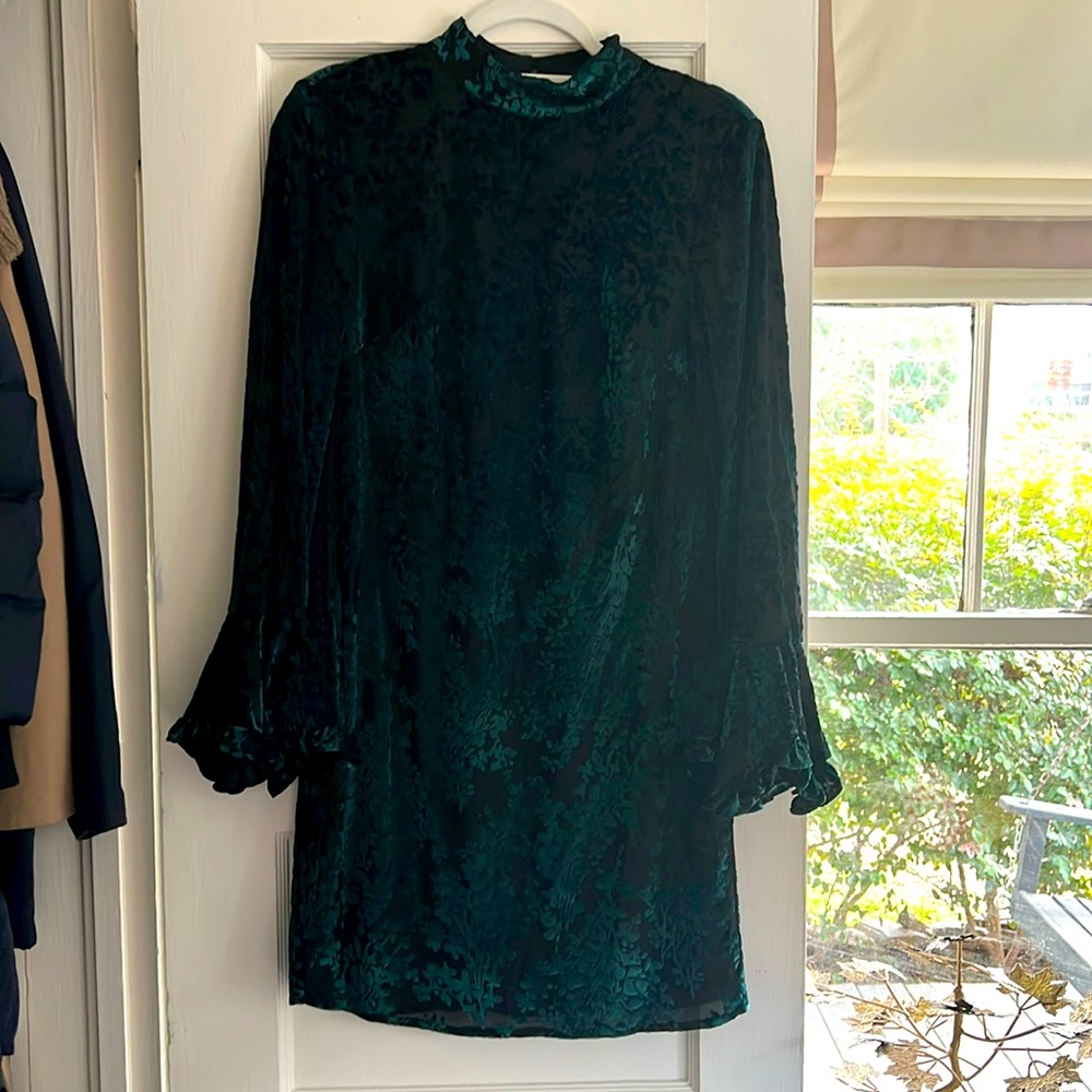 Laundry dress, green and black, printed velvet. Bell sleeve and keyhole back.